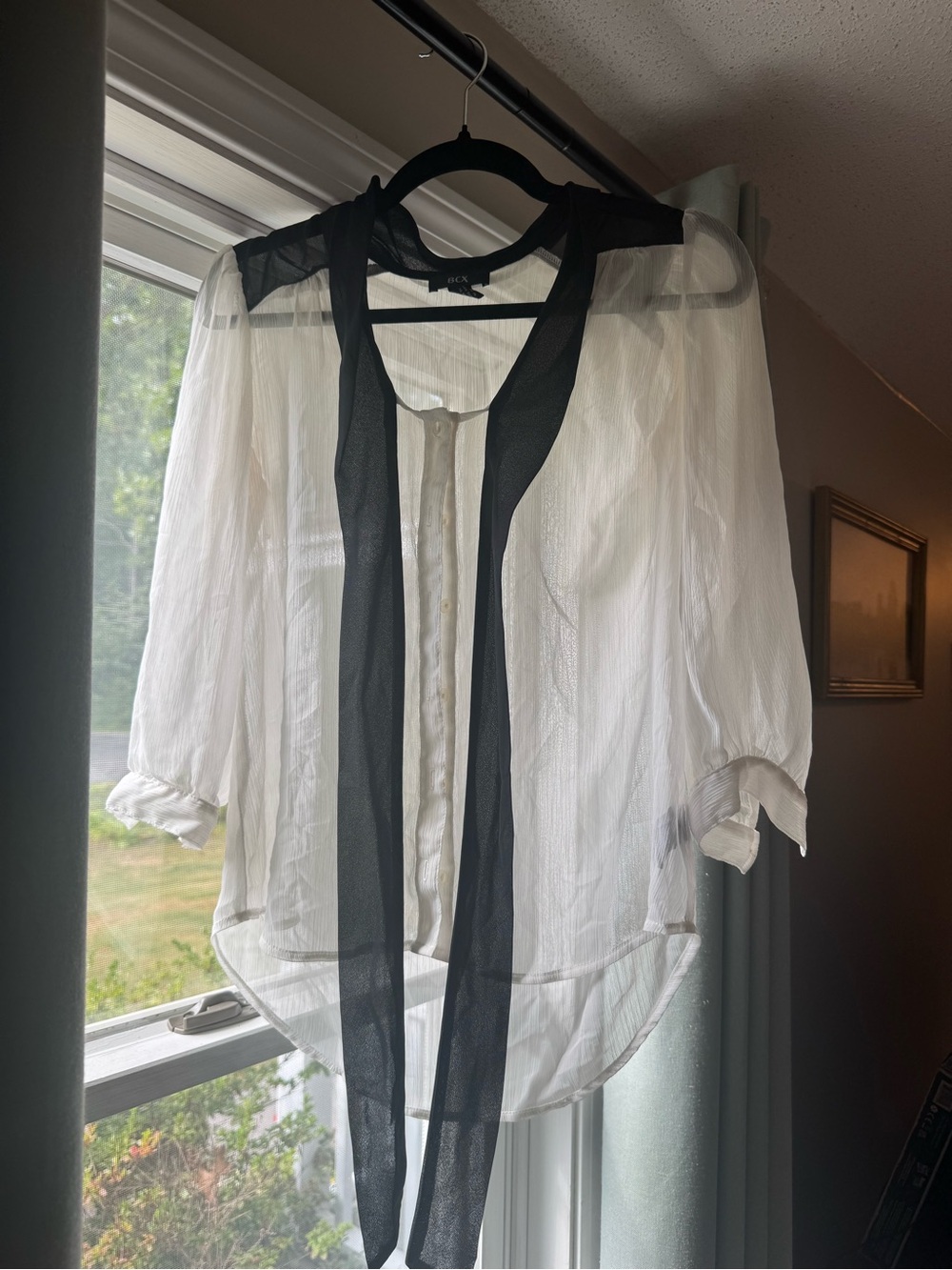 BCX White Sheer Button-Up Blouse with Black Tie Neck